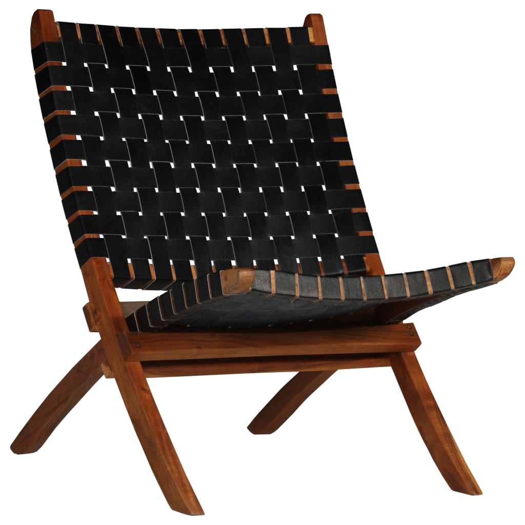 vidaXL foldbar stol ægte læder krydsstriber sort