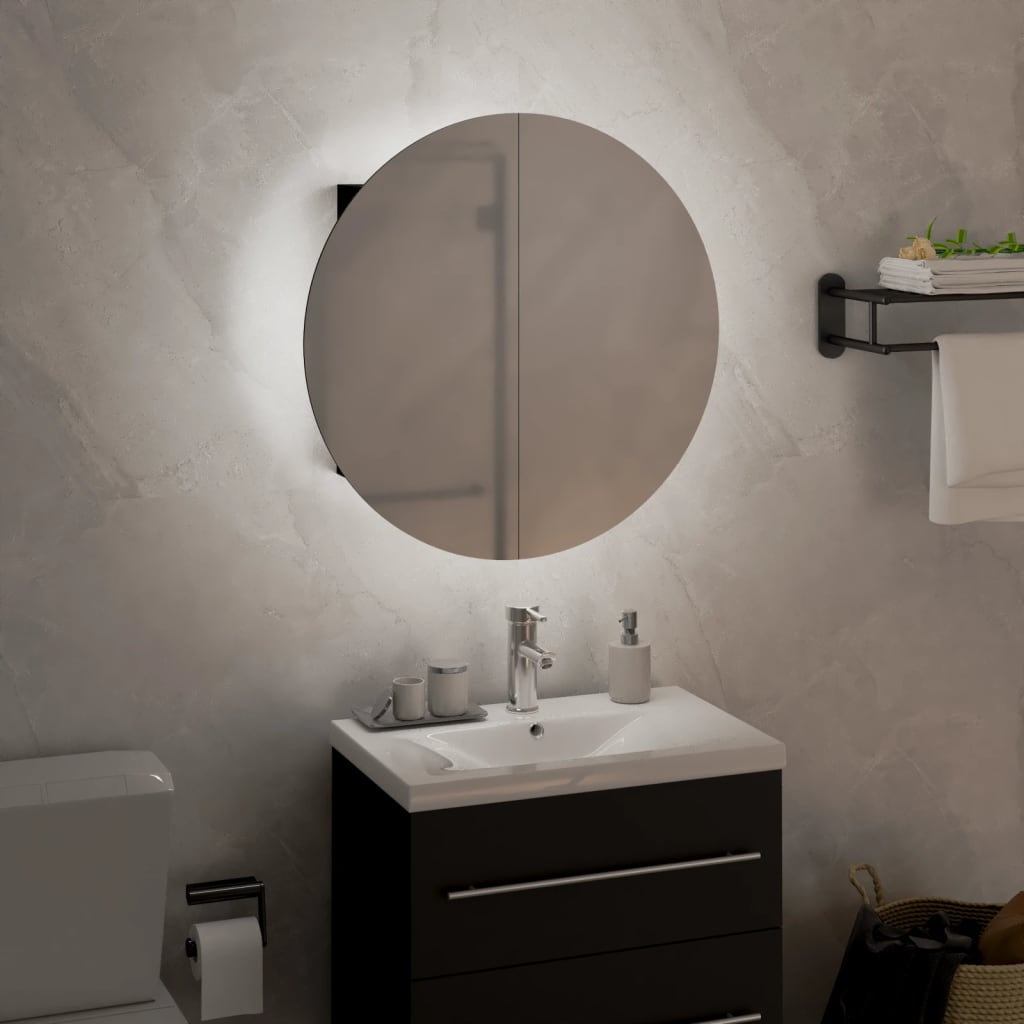 vidaXL badeværelsesskab med rundt spejl og LED-lys 40x40x17,5 cm sort