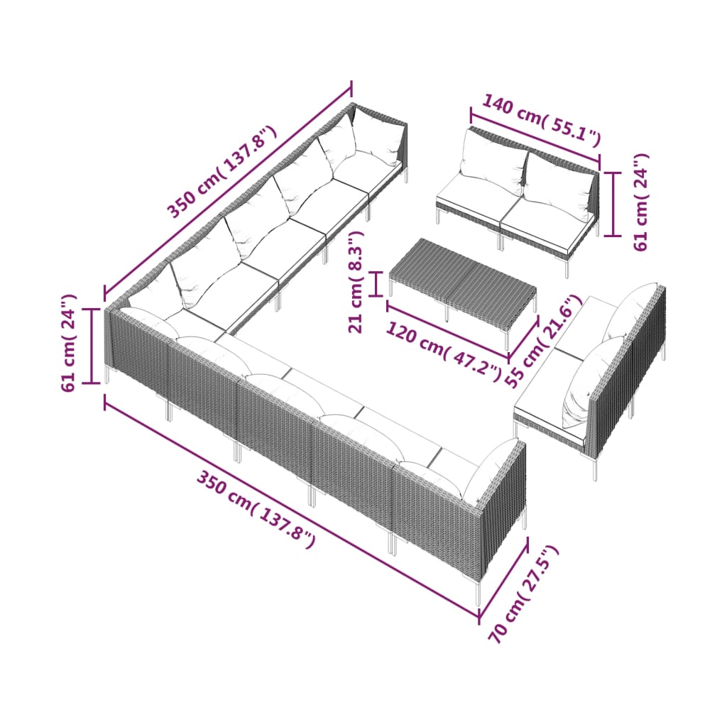vidaXL loungesæt til haven 14 dele med hynder polyrattan mørkegrå