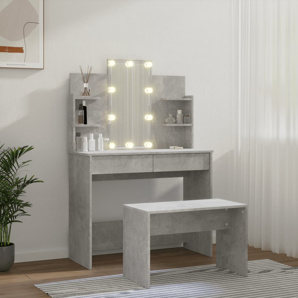 vidaXL makeupbordssæt med LED-lys konstrueret træ betongrå