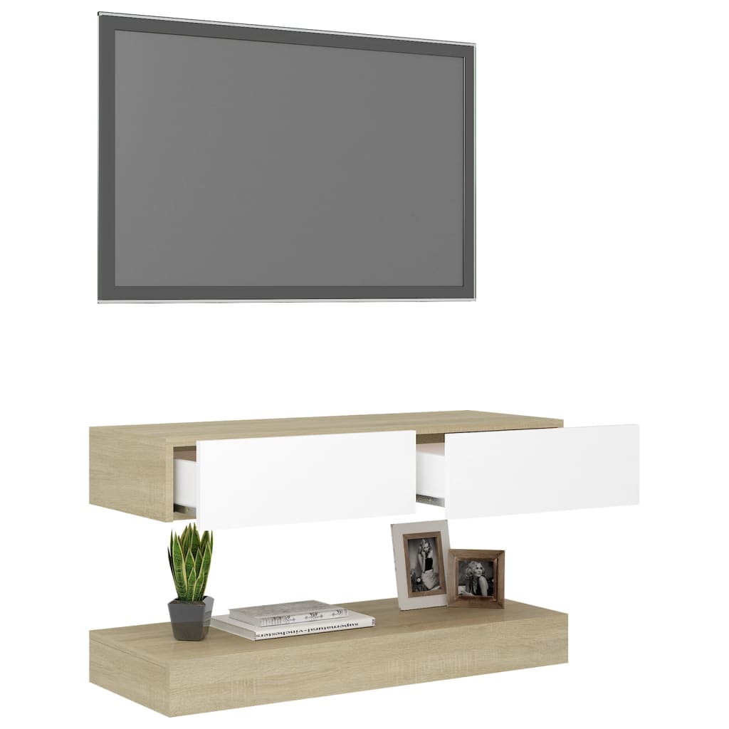 vidaXL tv-bord med LED-lys 90x35 cm hvid og sonoma-eg