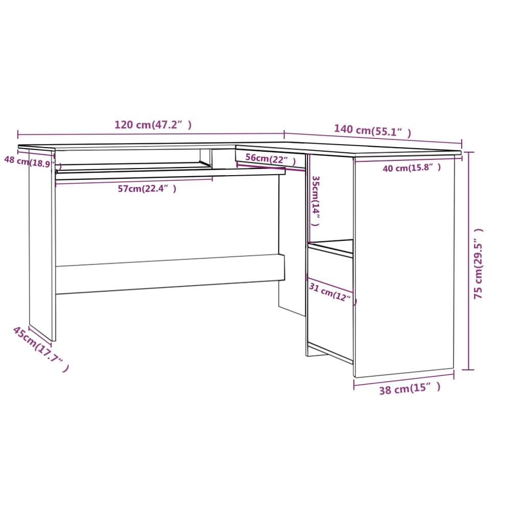 vidaXL L-formet skrivebord 120x140x75 cm konstrueret træ grå
