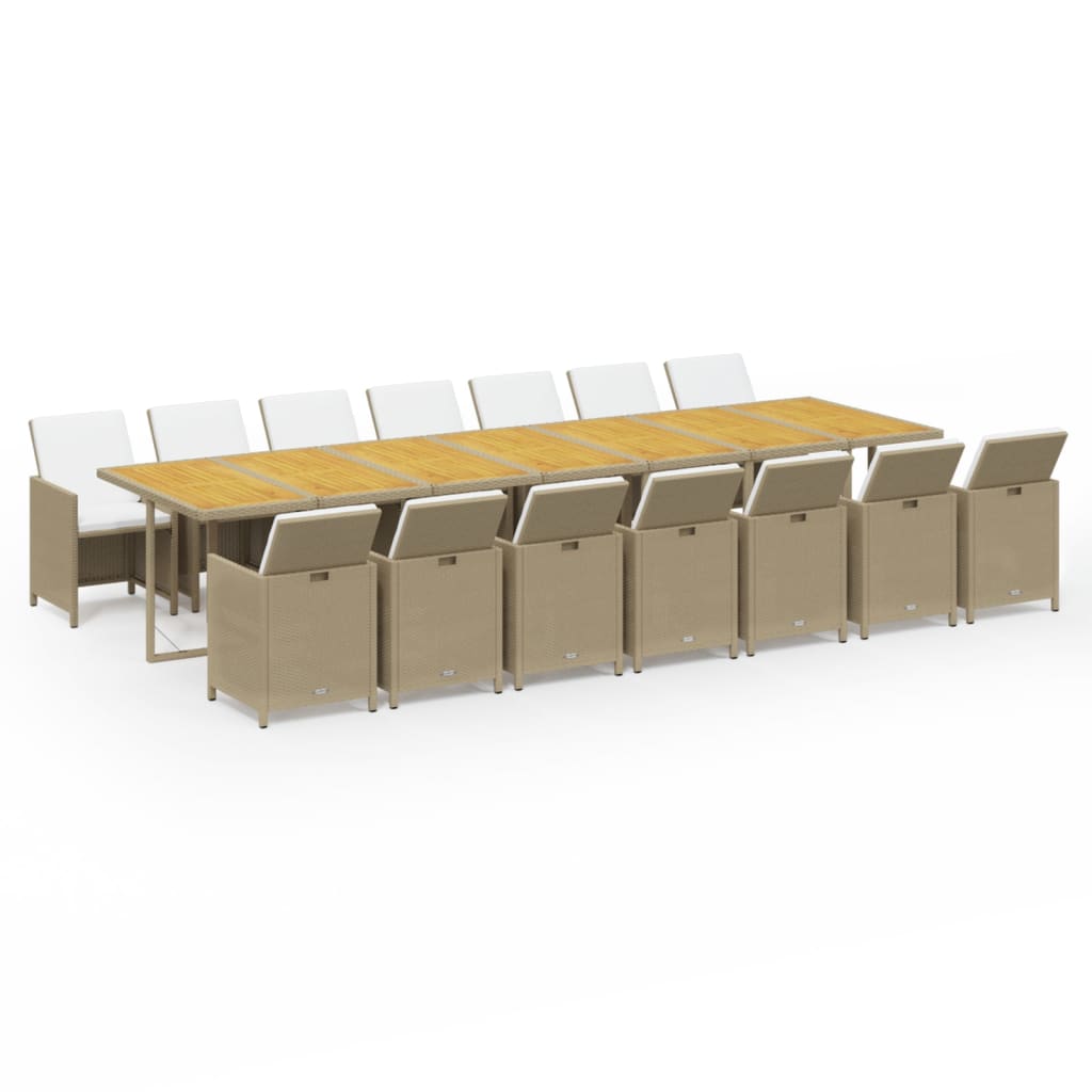 vidaXL spisebordssæt til haven 15 dele med hynder polyrattan beige