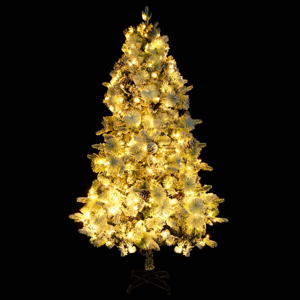 vidaXL juletræ med sne + lys og grankogler 225 cm PVC og PE