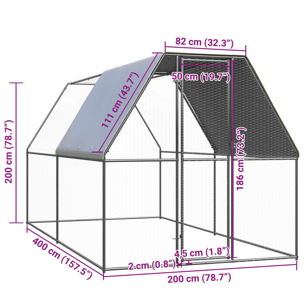 vidaXL udendørs hønsegård 2x4x2 m galvaniseret stål