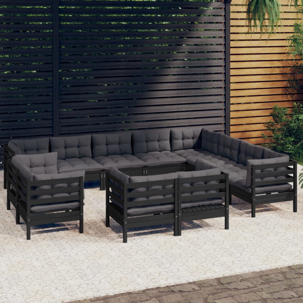 vidaXL loungesæt til haven 12 dele med hynder massivt fyrretræ sort