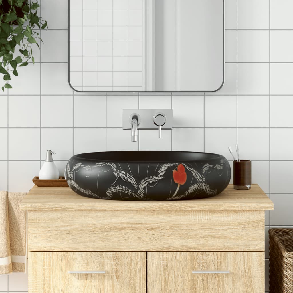vidaXL håndvask til bordplade 59x40x15 cm oval keramik sort