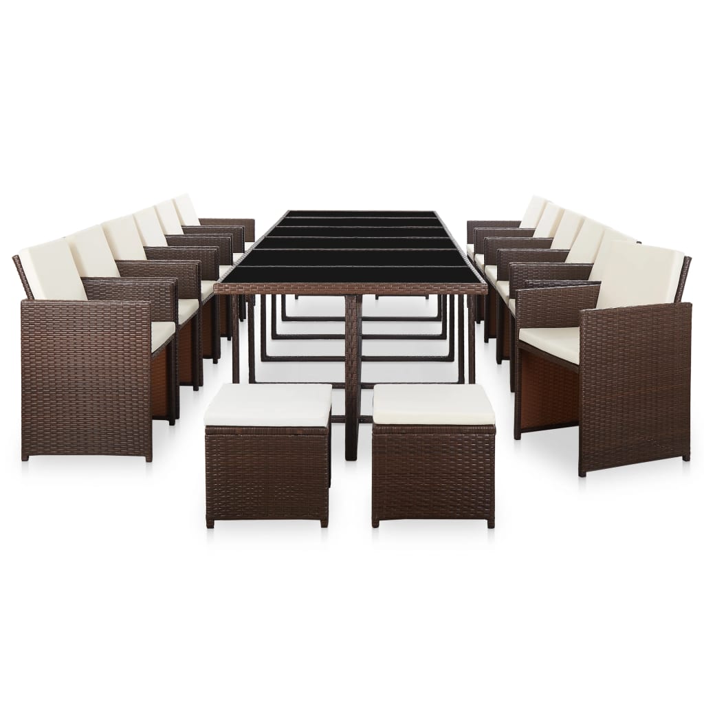 vidaXL udendørs spisebordssæt 17 dele med hynder polyrattan brun