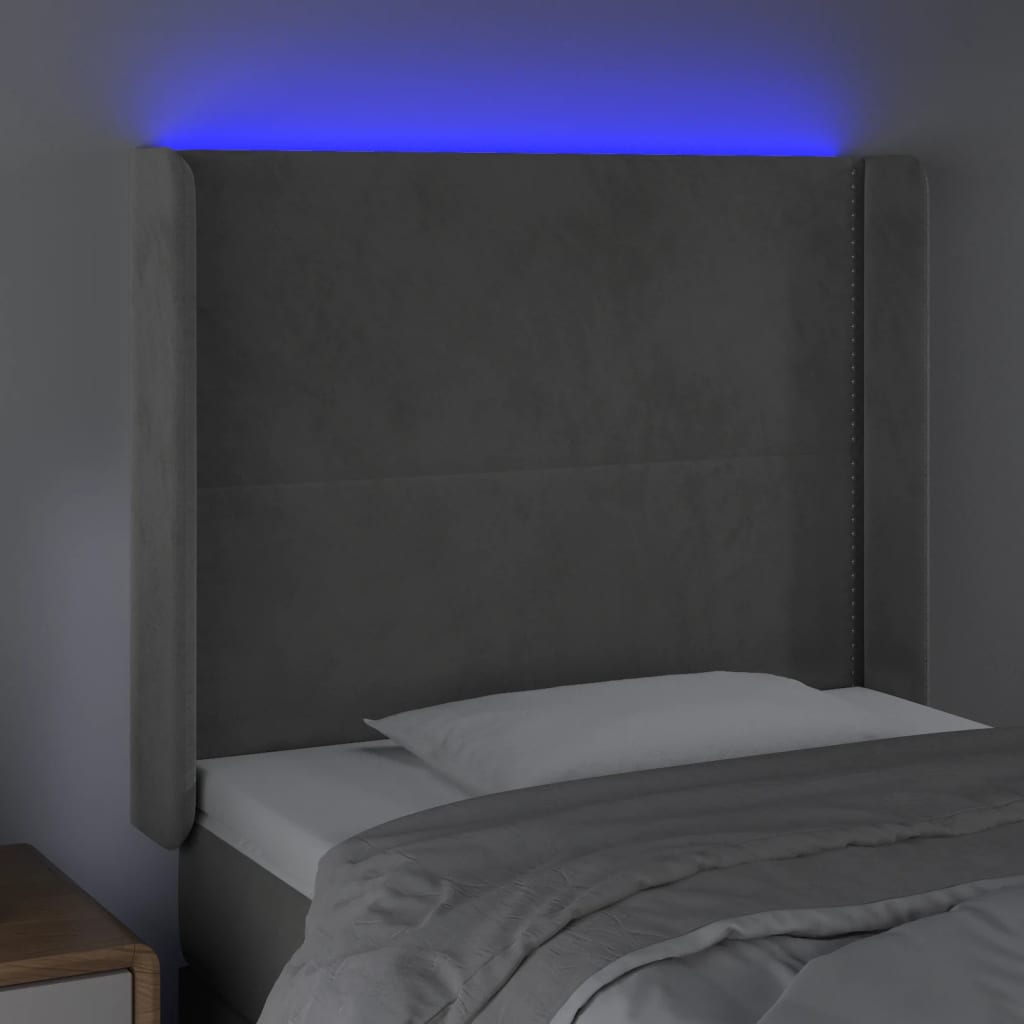 vidaXL sengegavl med LED-lys 93x16x118/128 cm fløjl lysegrå