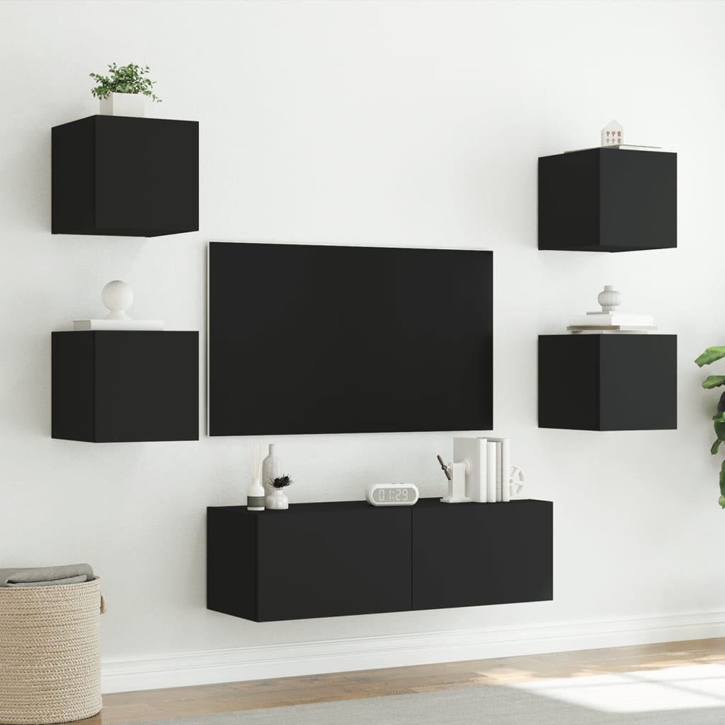 vidaXL væghængt tv-møbel 5 dele med LED-lys sort