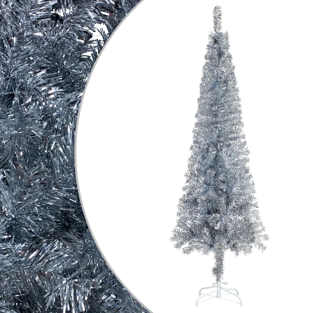 vidaXL kunstigt smalt juletræ med lys og kuglesæt 120 cm sølvfarvet