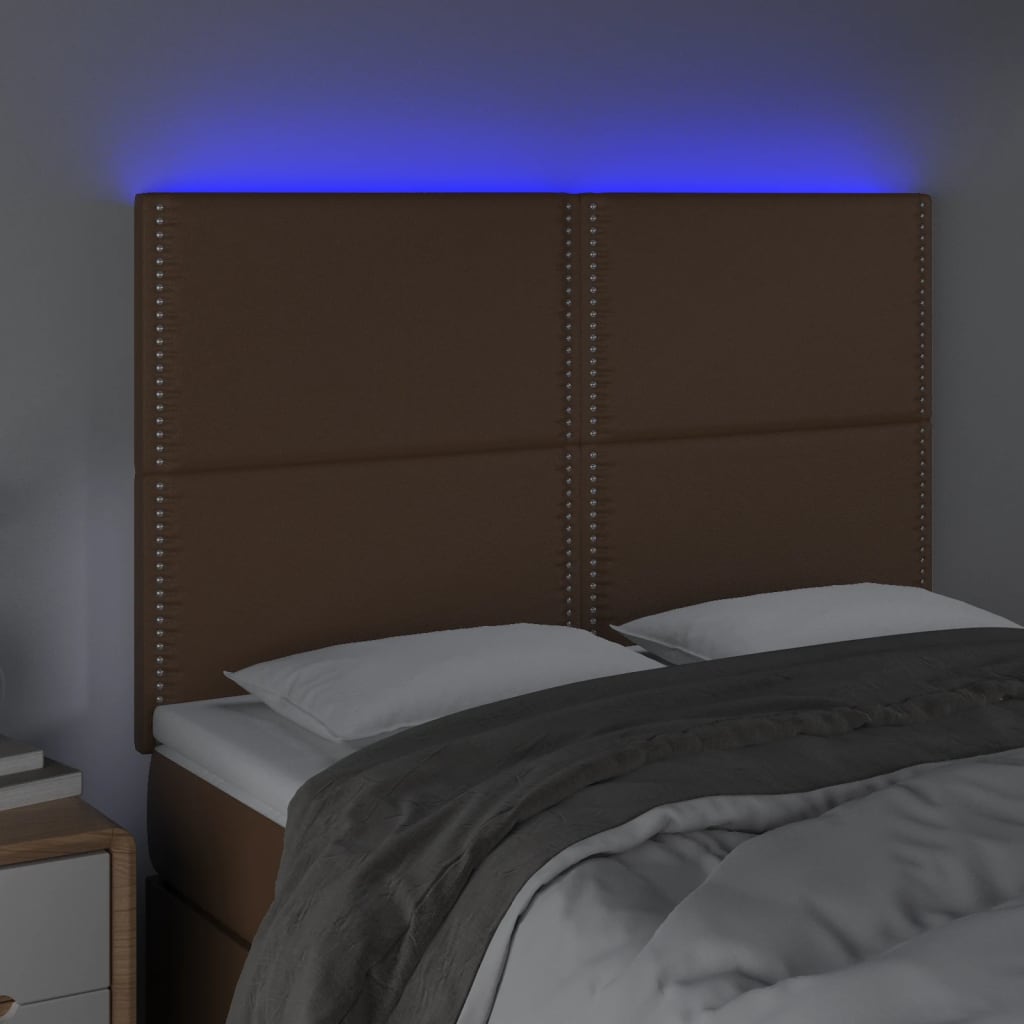 vidaXL sengegavl med LED-lys 144x5x118/128 cm kunstlæder brun
