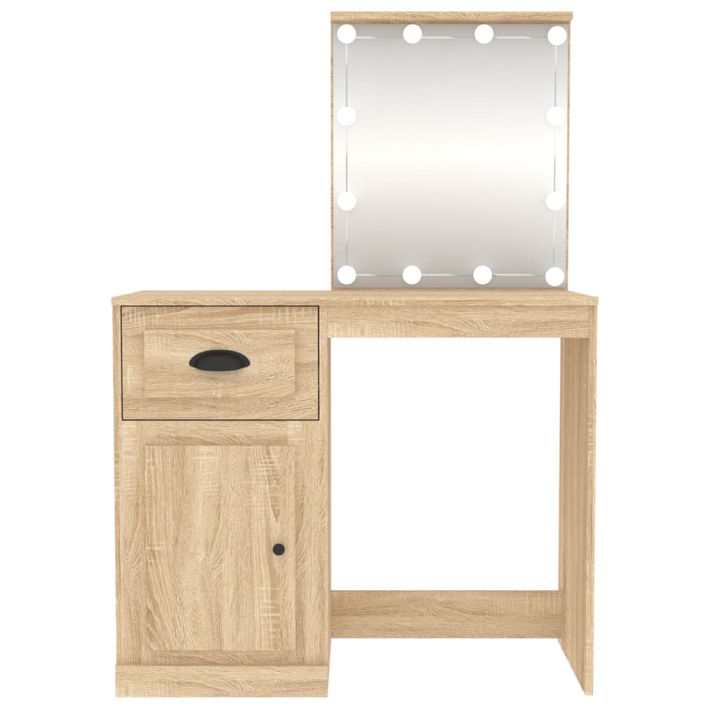 vidaXL makeupbord med LED-lys 90x50x132,5 cm konstrueret træ sonoma-eg