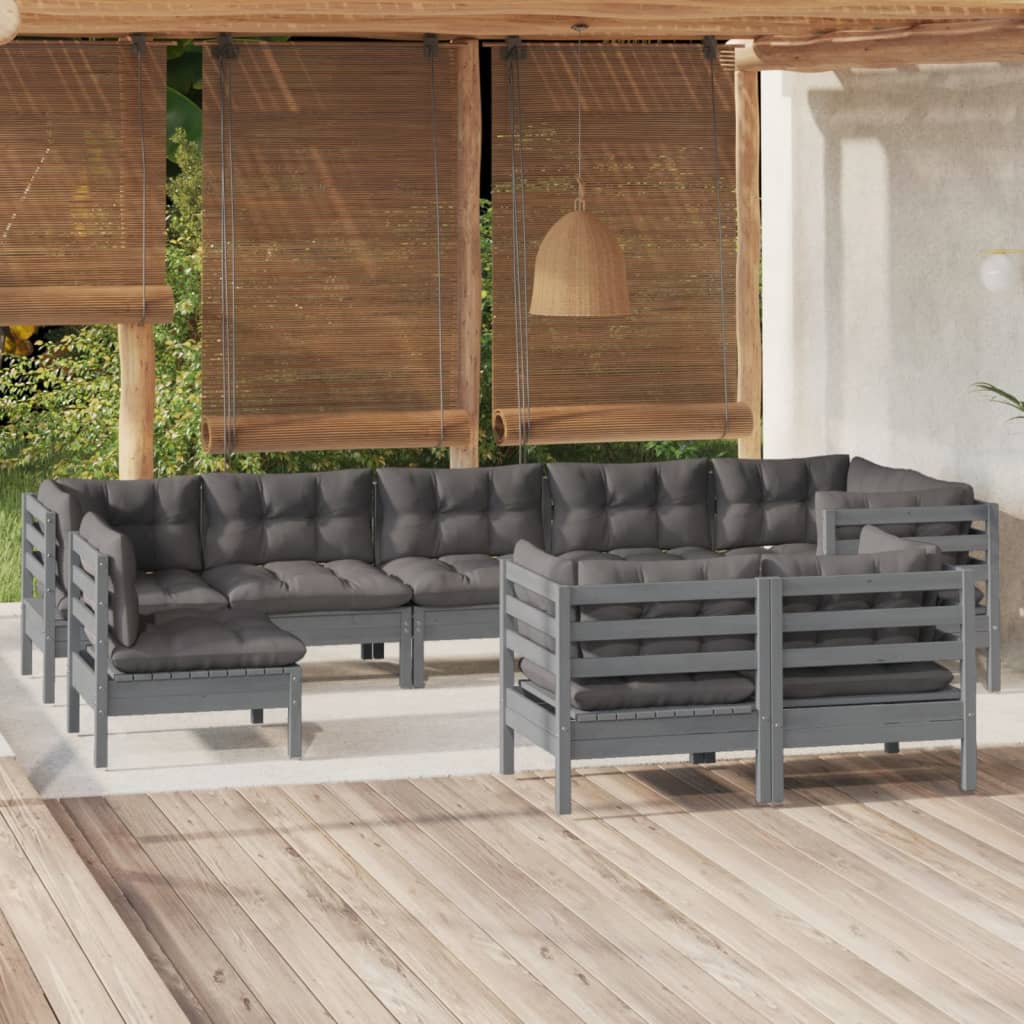 vidaXL loungesæt til haven 9 dele med hynder massivt fyrretræ grå