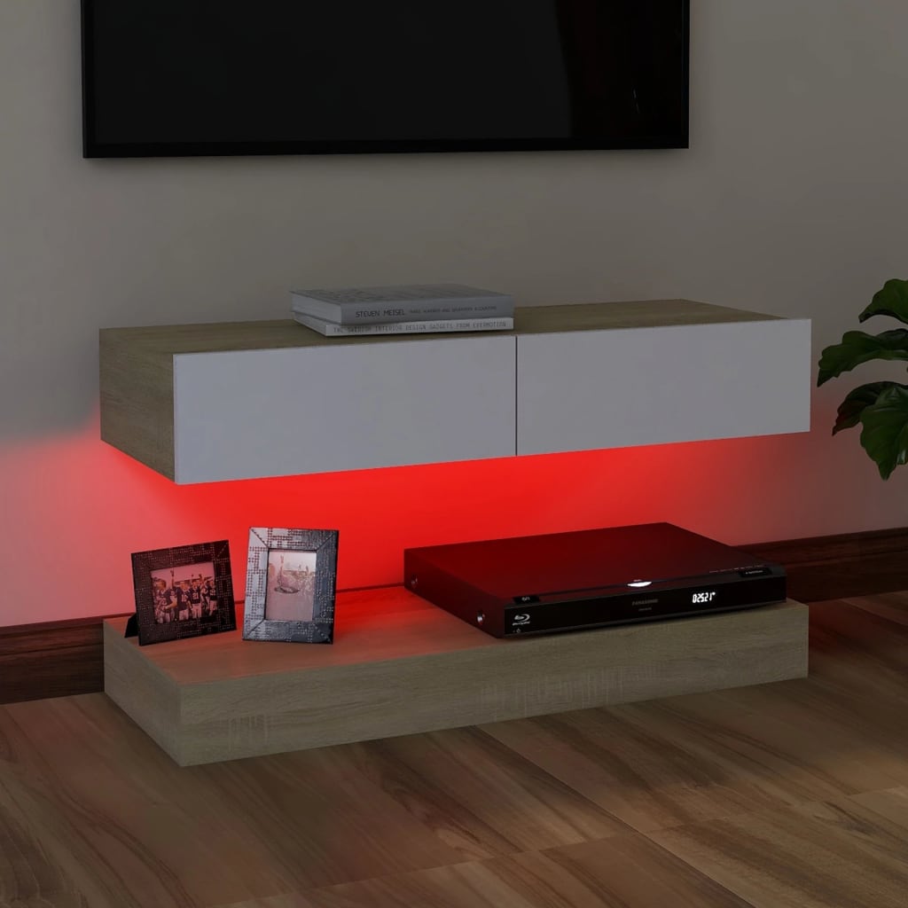 vidaXL tv-bord med LED-lys 90x35 cm hvid og sonoma-eg