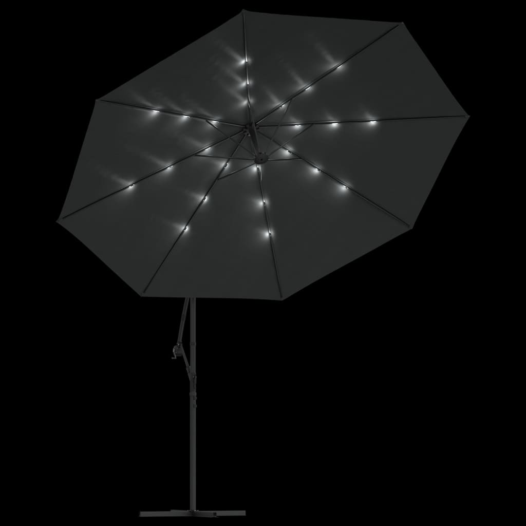 vidaXL hængeparasol med LED-lys og metalstang 350 cm antracitgrå