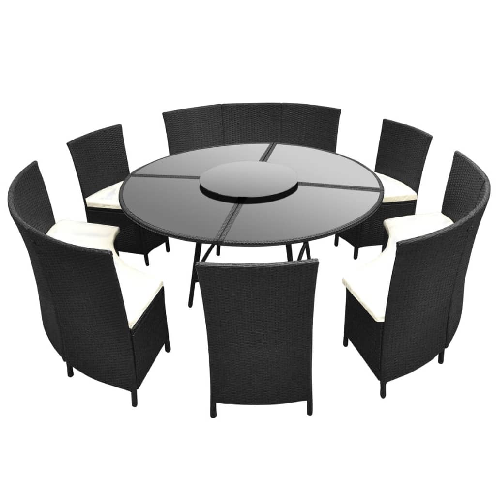 vidaXL udendørs spisebordssæt 7 dele med hynder polyrattan sort