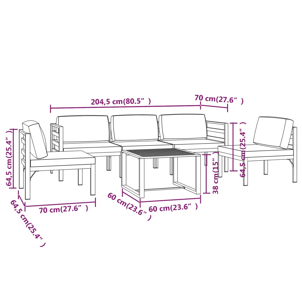vidaXL loungesæt til haven 6 dele med hynder aluminium antracitgrå
