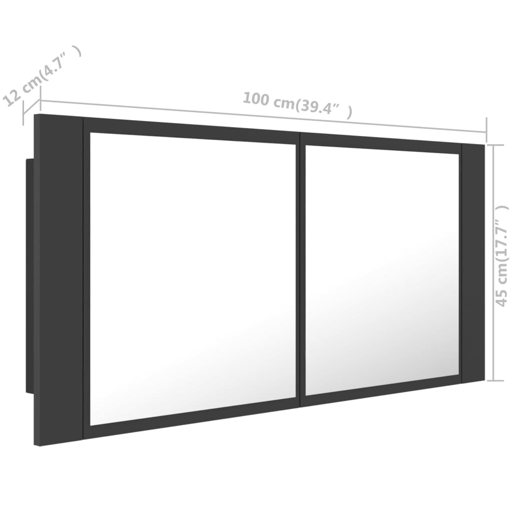 vidaXL badeværelsesskab m. spejl og LED-lys 100x12x45 cm akryl grå
