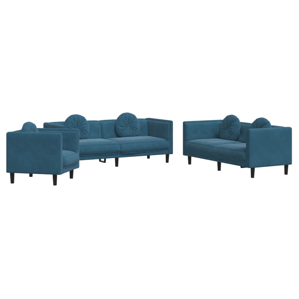 vidaXL sofasæt 3 dele med puder velour blå