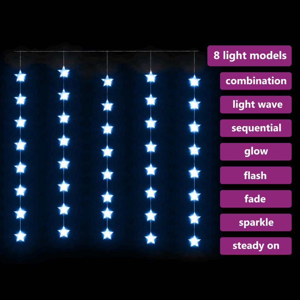 vidaXL LED-lysgardin med stjerner 200 LED'er 8 funktioner blåt lys