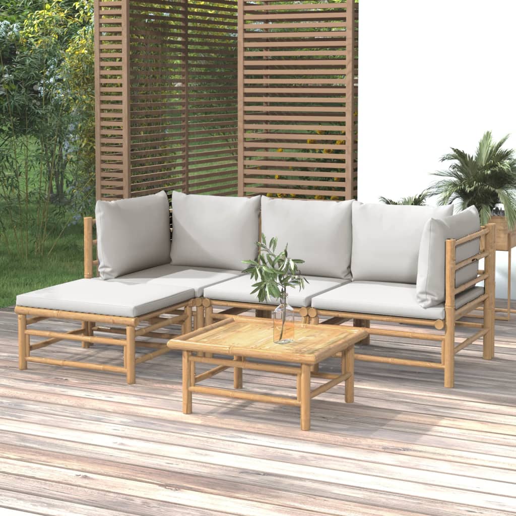 vidaXL loungesæt til haven 5 dele med lysegrå hynder bambus