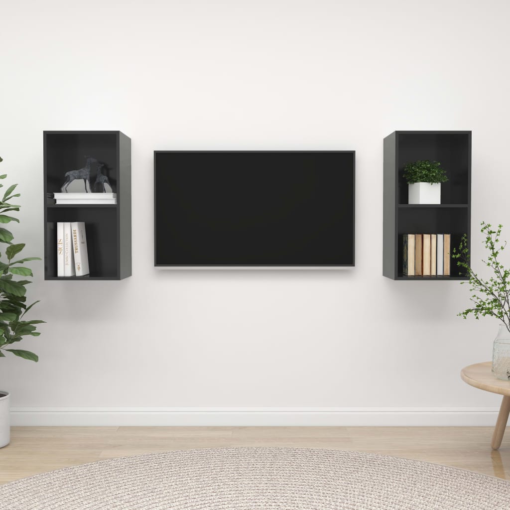 vidaXL vægmonterede tv-skabe 2 stk. konstrueret træ grå højglans