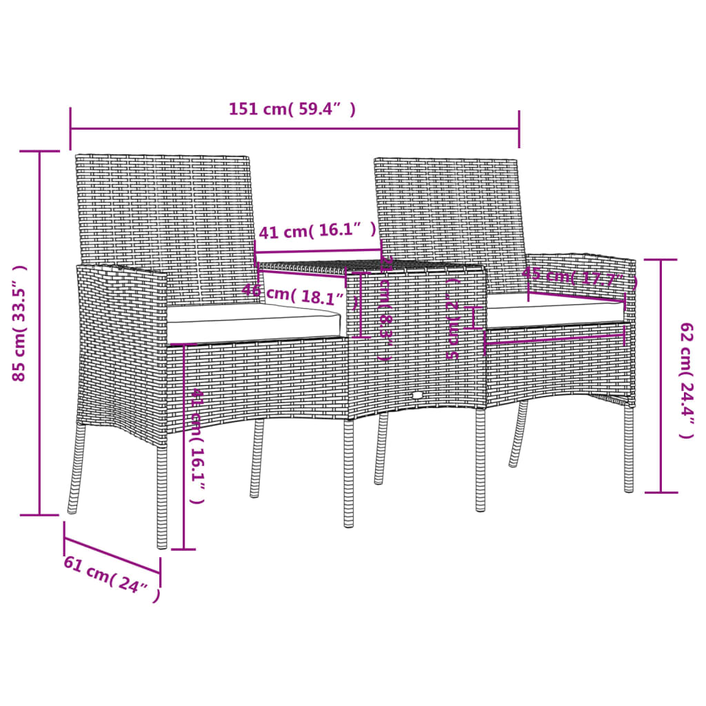 vidaXL 2-personers havestol med tebord polyrattan antracitgrå