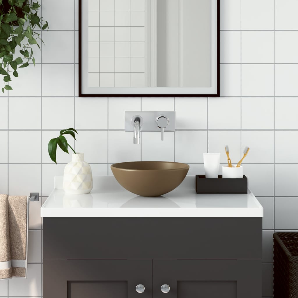 vidaXL keramisk håndvask til badeværelse rund mat cremefarvet
