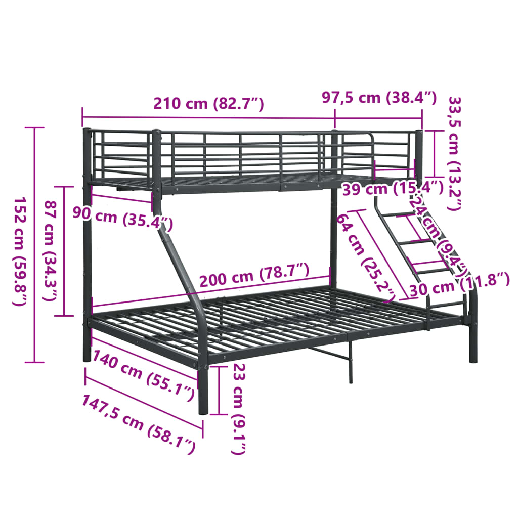 vidaXL sengestel til køjeseng 140 x 200 cm/90 x 200 cm metal sort