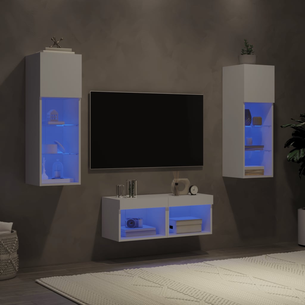 vidaXL tv-møbel til væg med LED-lys 4 dele konstrueret træ hvid