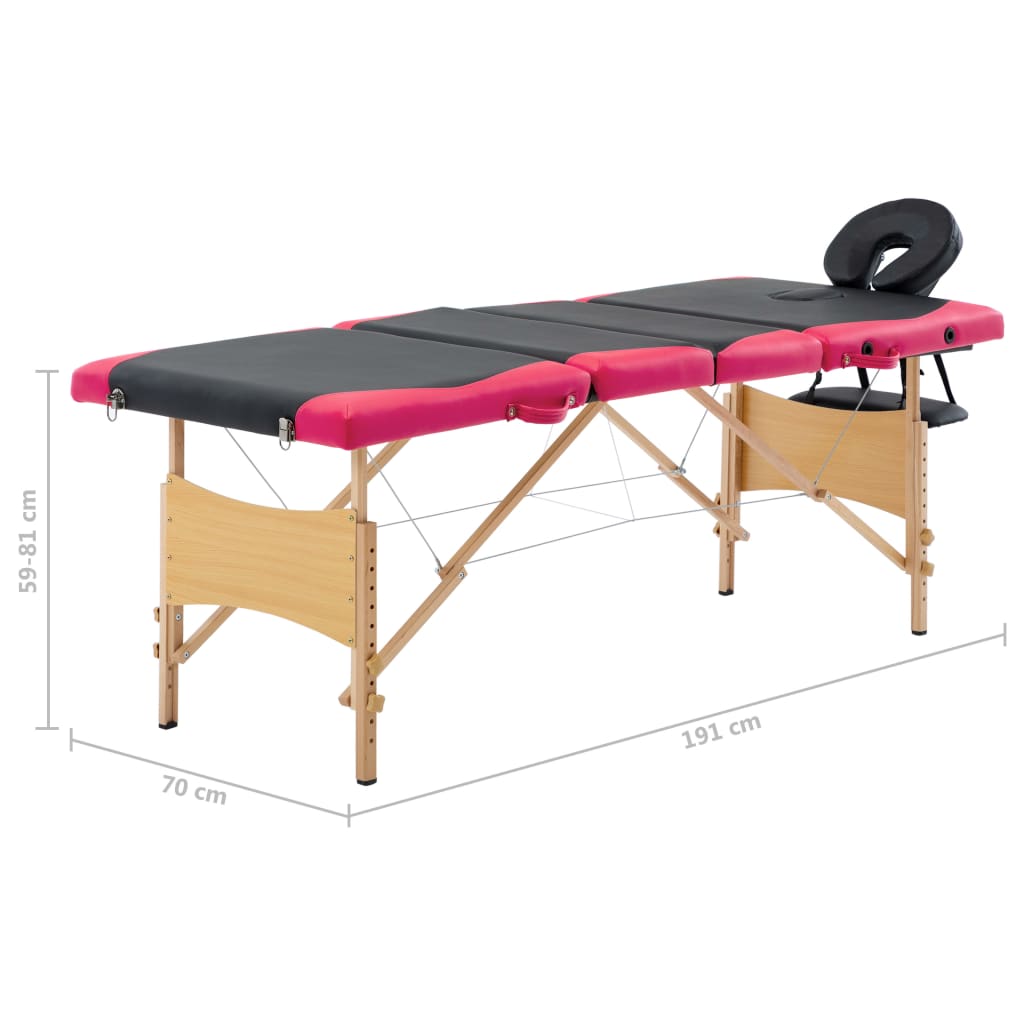 vidaXL sammenfoldeligt massagebord med træstel 4 zoner sort og lyserød
