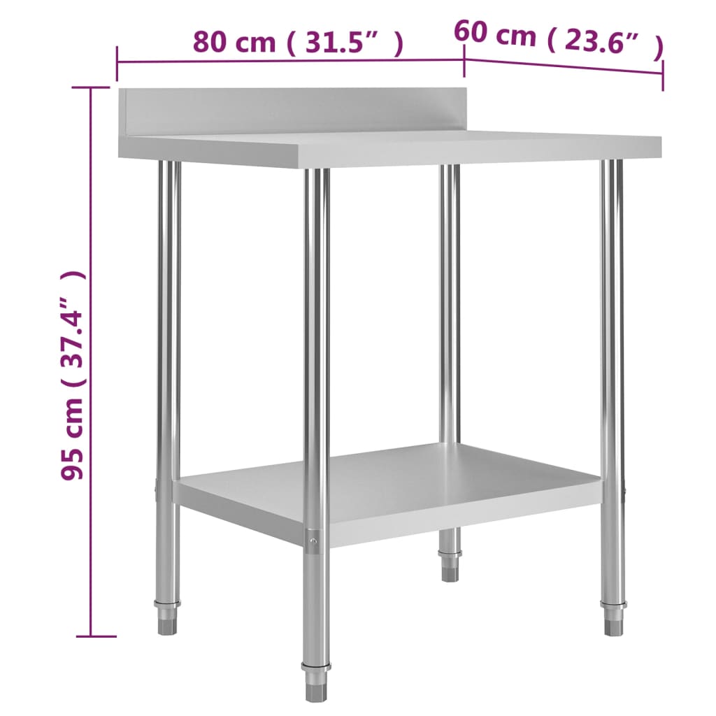 vidaXL arbejdsbord til køkken m. stænkplade 80x60x93 cm rustfrit stål