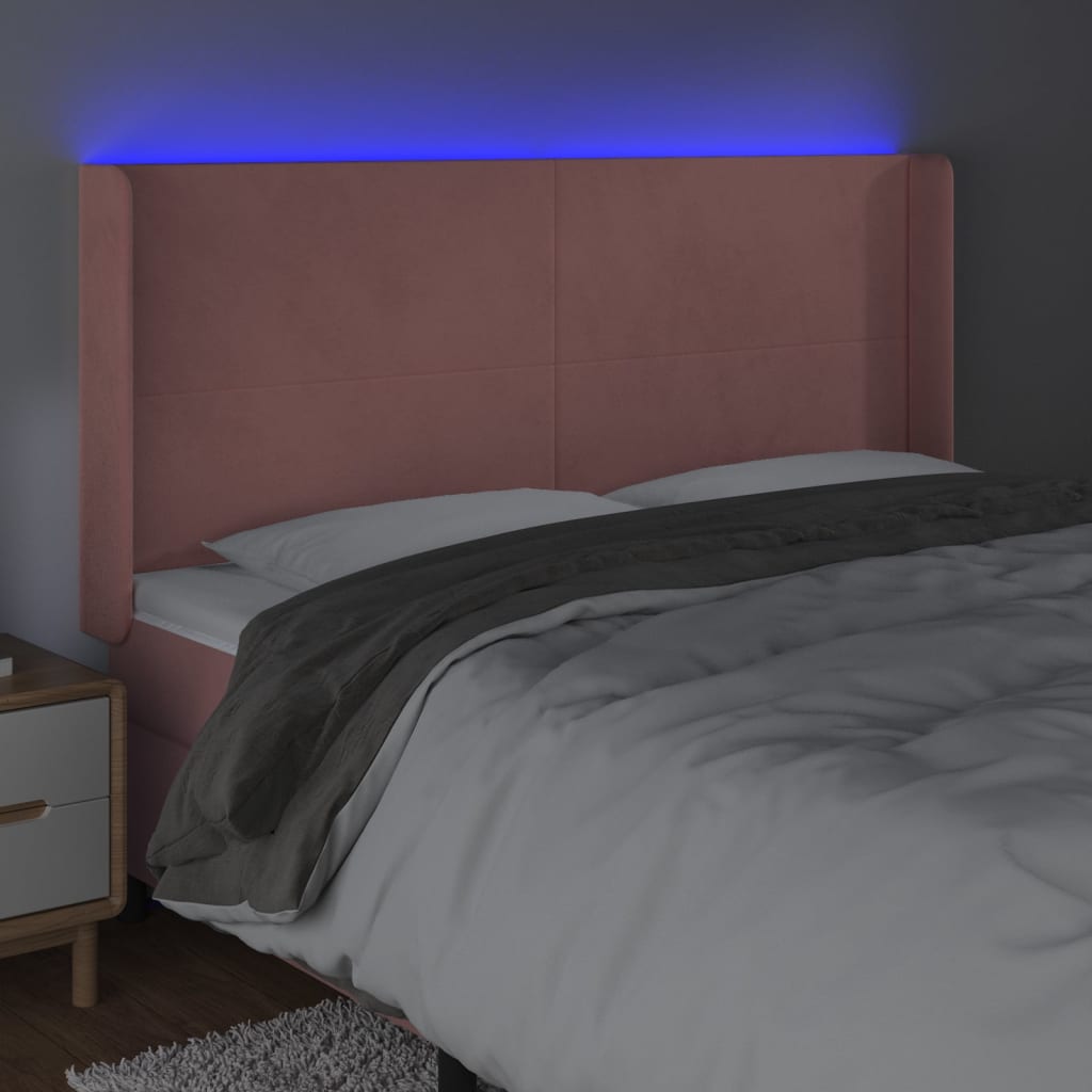 vidaXL sengegavl med LED-lys 203x16x118/128 cm fløjl lyserød