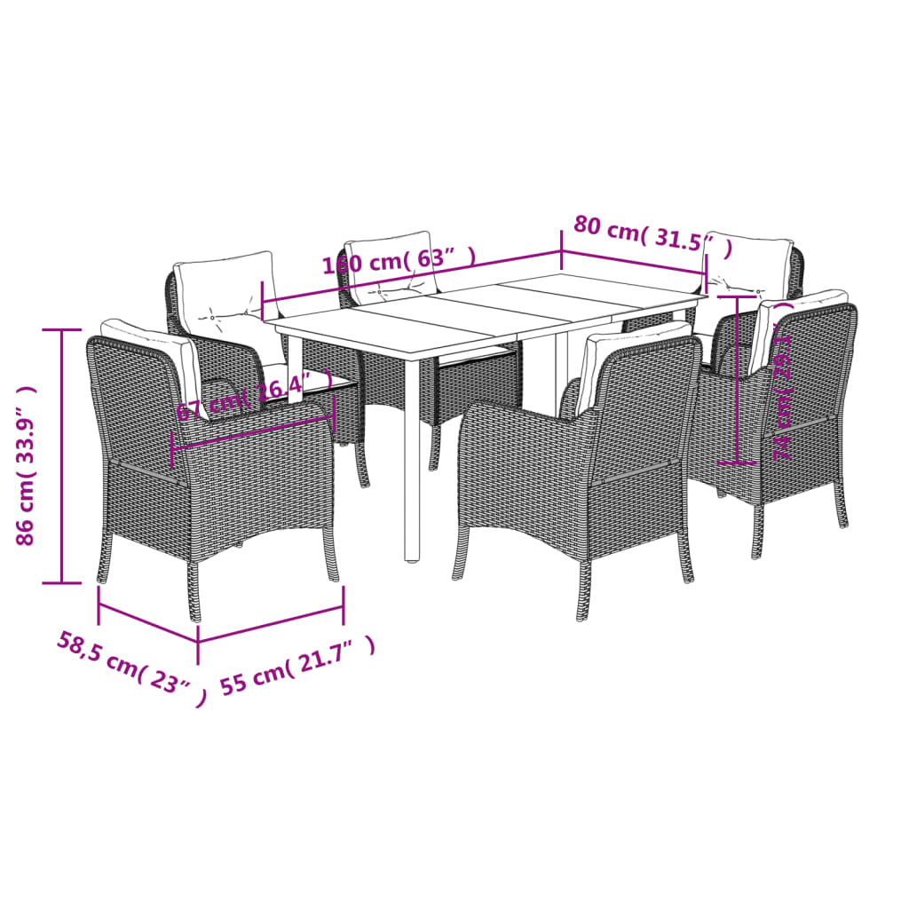 vidaXL spisebordssæt til haven 7 dele med hynder polyrattan brun