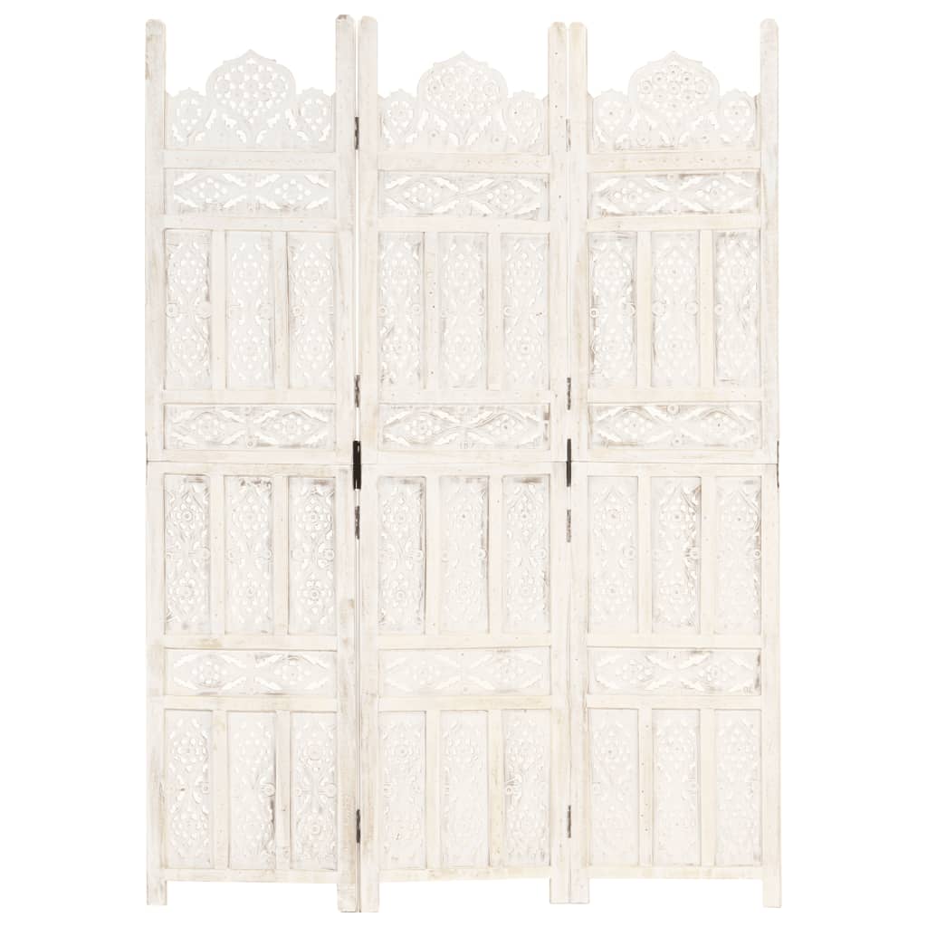 vidaXL 3-panels rumdeler håndskåret 120 x 165 cm massivt mangotræ hvid