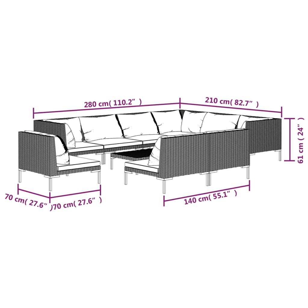 vidaXL loungesæt til haven 10 dele med hynder polyrattan mørkegrå