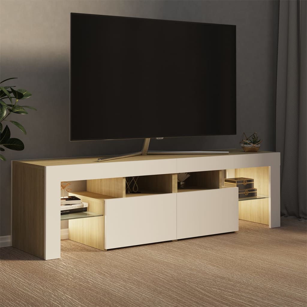 vidaXL tv-bord med LED-lys 140x36,5x40 cm hvid og sonoma-eg
