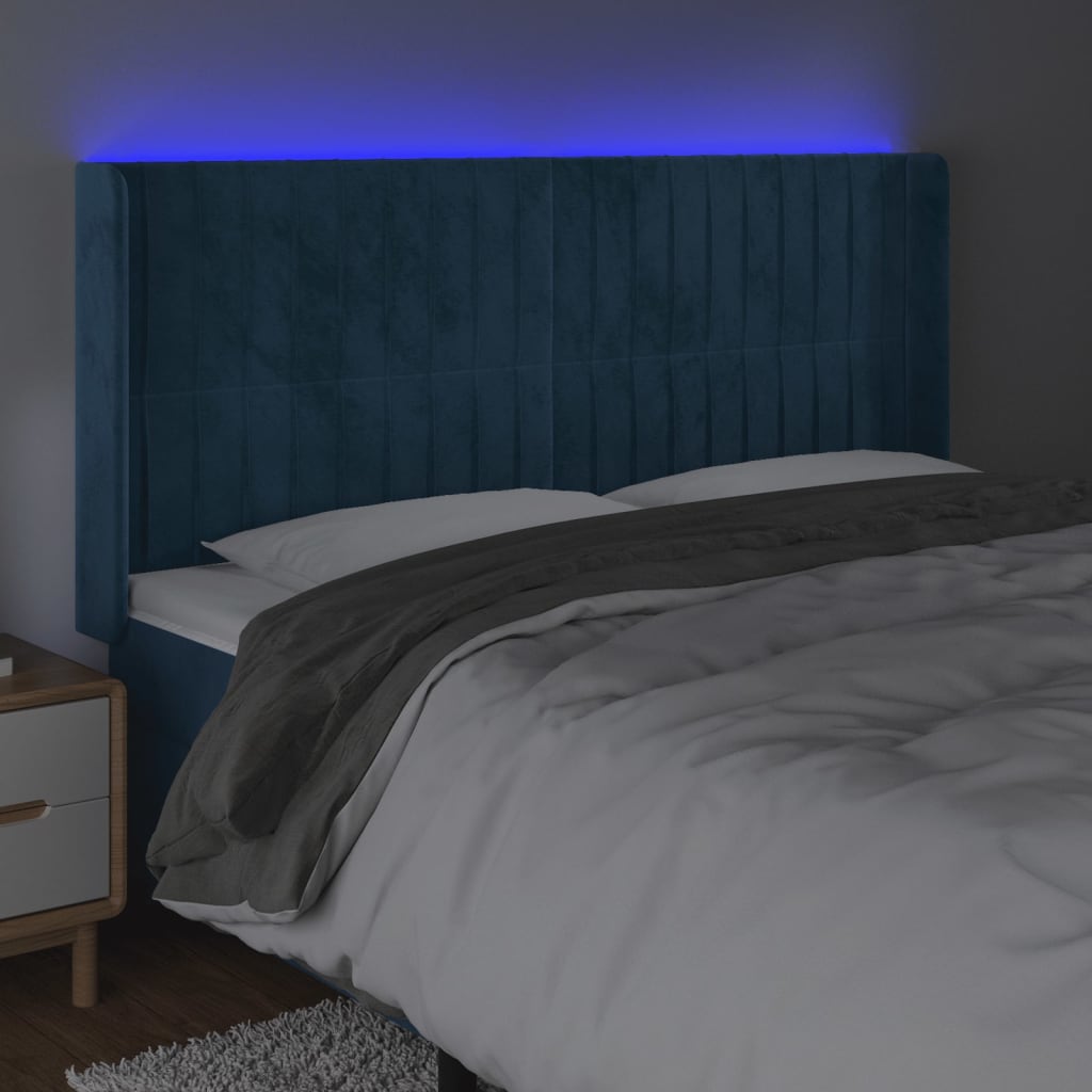 vidaXL sengegavl med LED-lys 183x16x118/128 cm fløjl mørkeblå
