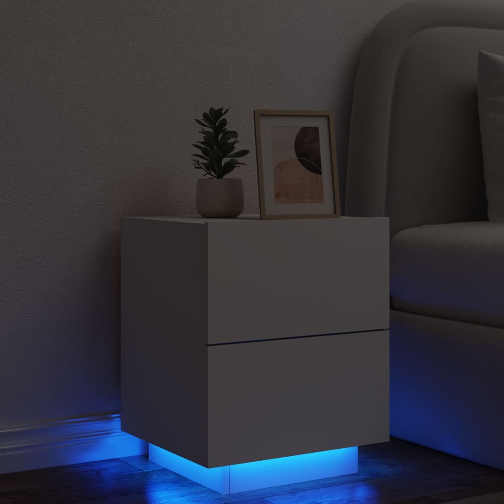vidaXL sengebord med LED-lys konstrueret træ hvid