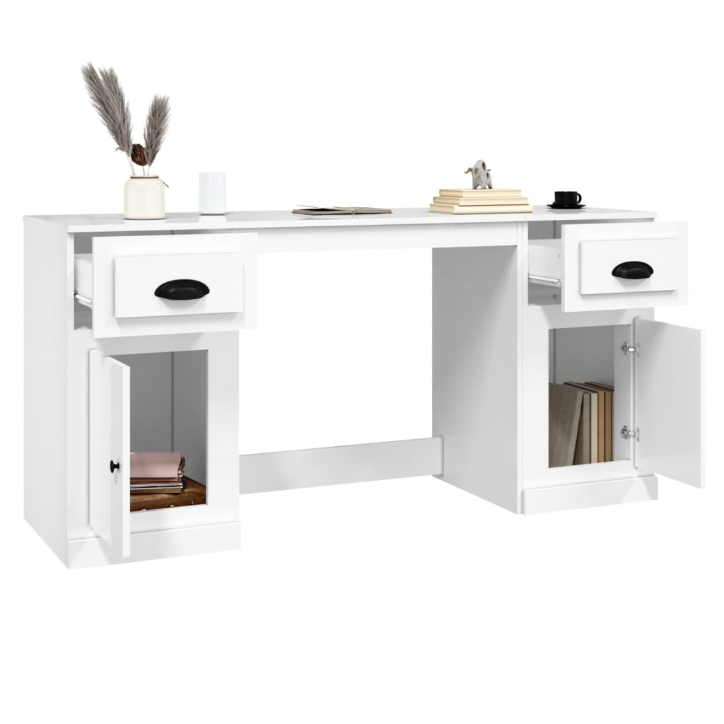 vidaXL skrivebord med skabe konstrueret træ hvid højglans