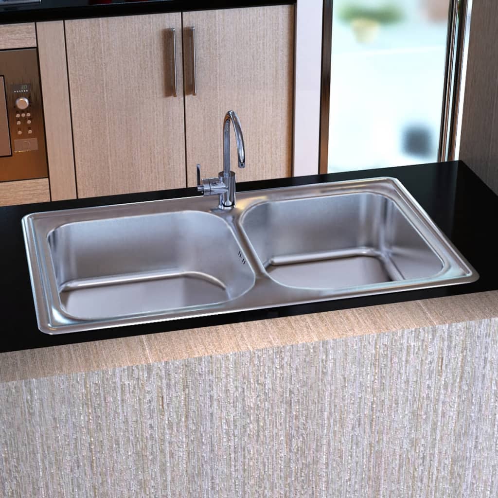 vidaXL køkkenvask med dræn firkantet dobbelvask rustfrit stål