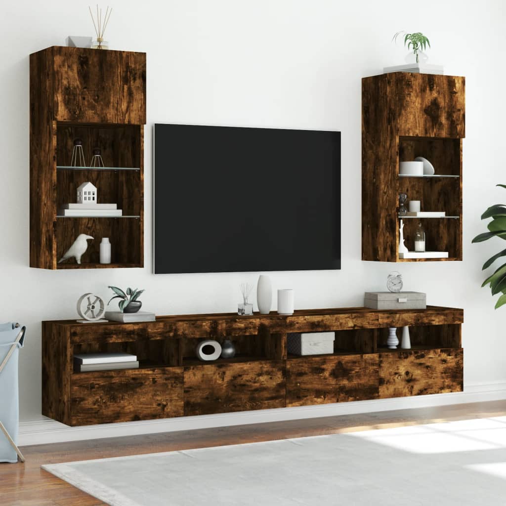 vidaXL tv-borde med LED-lys 2 stk. 40,5x30x90 cm røget egetræsfarve