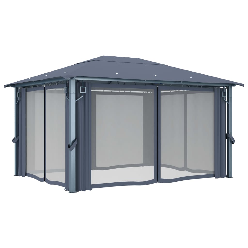 vidaXL pavillon med gardin + LED-lyskæder 400x300 cm aluminium grå