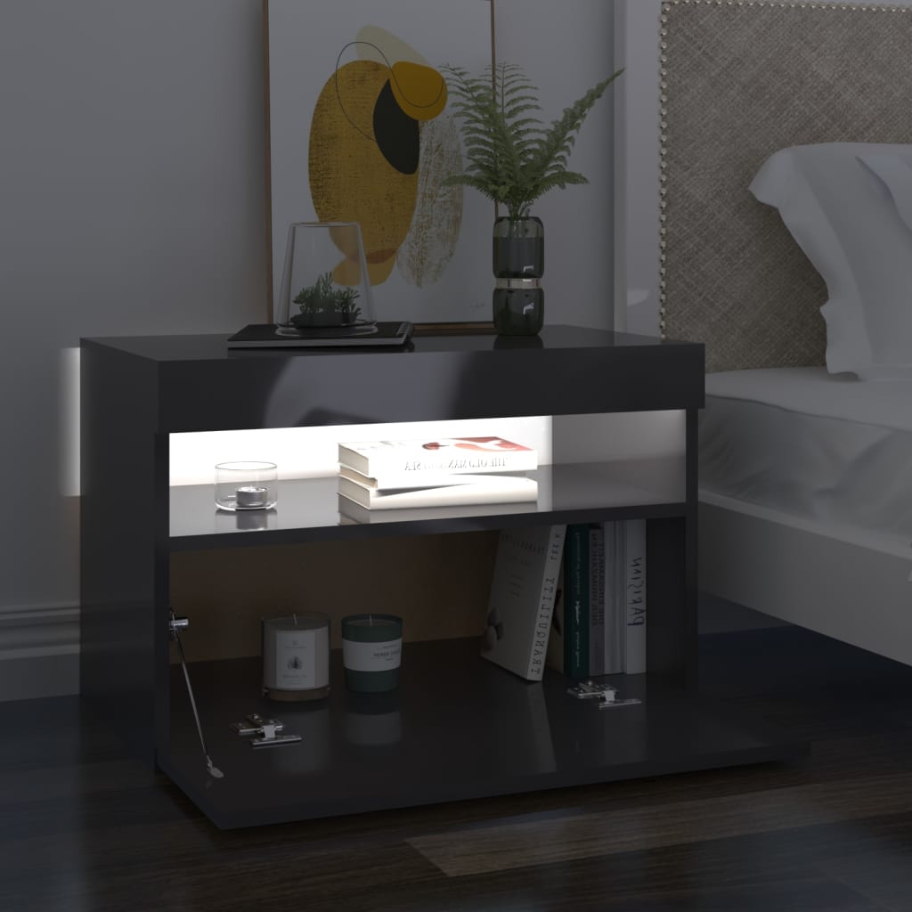 vidaXL sengebord med LED-lys 2 stk. 60x35x40 cm grå højglans
