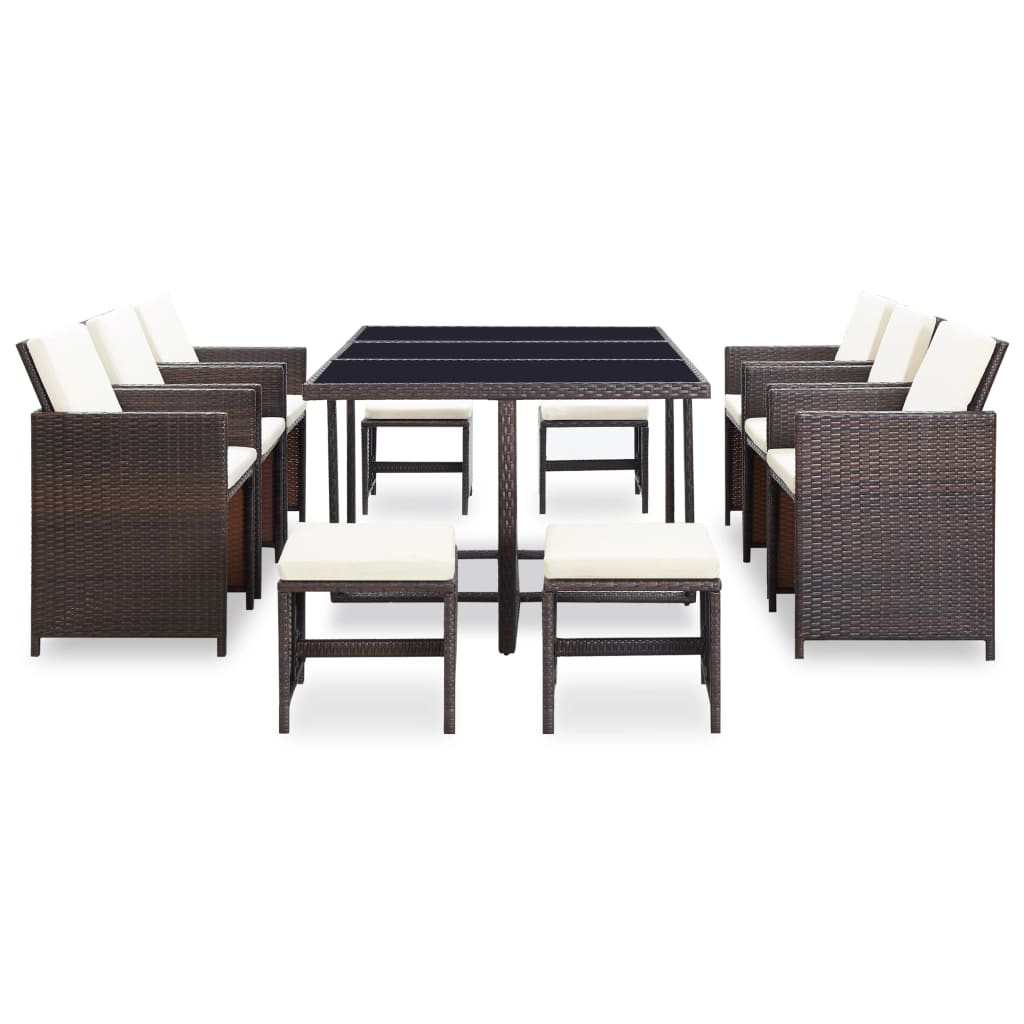 vidaXL udendørs spisebordssæt 11 dele med hynder polyrattan brun