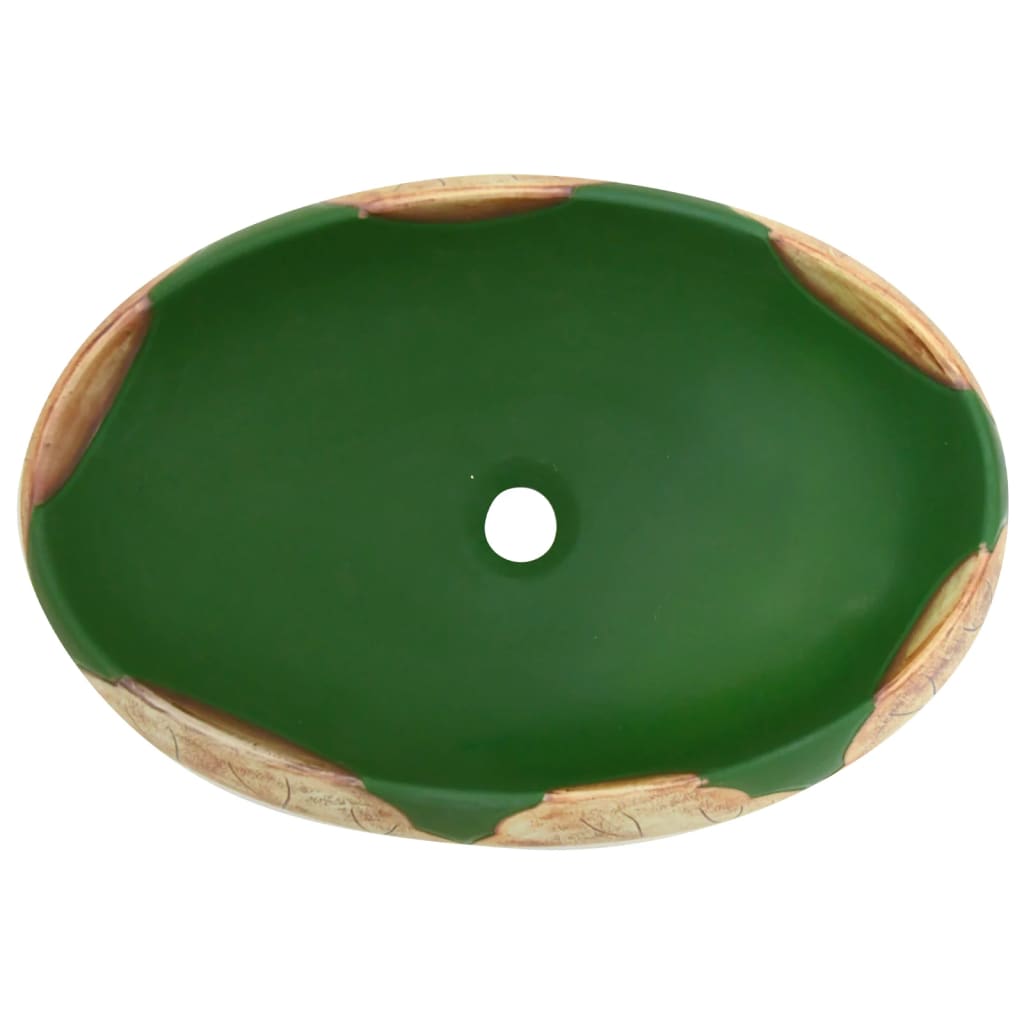 vidaXL håndvask til bordplade 59x40x15 cm oval keramik grøn og brun