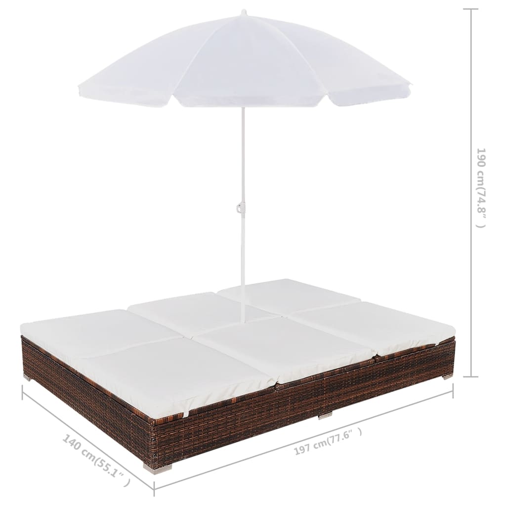 vidaXL loungeseng med parasol polyrattan brun