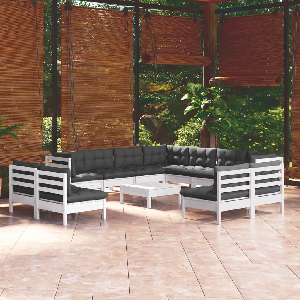 vidaXL loungesæt til haven 12 dele med hynder massivt fyrretræ hvid