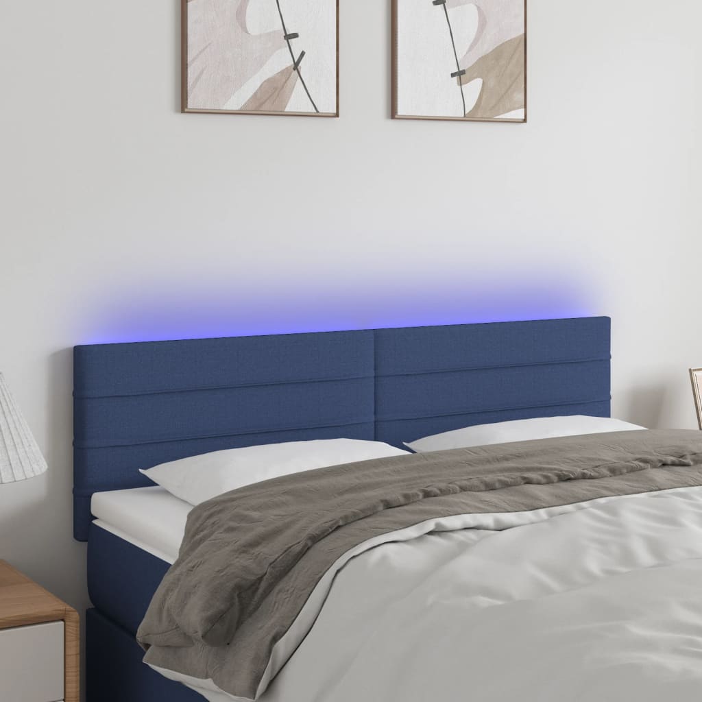 vidaXL sengegavl med LED-lys 144x5x78/88 cm stof blå